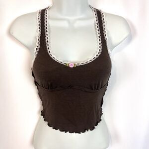 Out From Under Brown Ribbed Lace Trim Cropped Tank Top Bralette Women’s Small